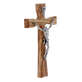 Crucifixo moderno em madeira de oliveira com corpo prateado 17 cm