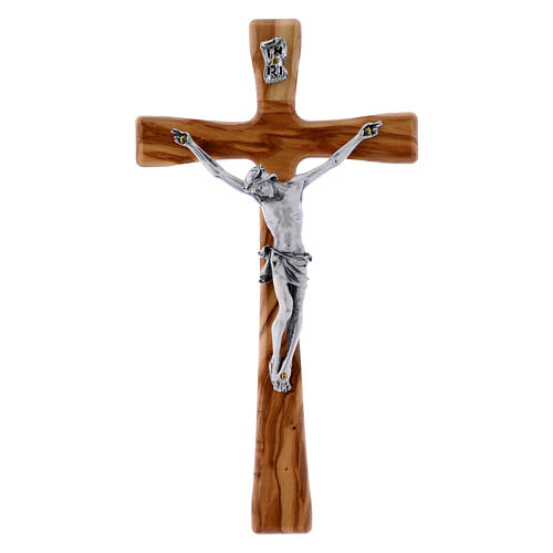 Modern crucifix in olive wood with silver Christ's body 20 cm 1