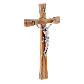 Krucyfiks styl nowoczesny z drewna oliwnego, wys. 25 cm, Ciało Chrystusa metal 10 cm