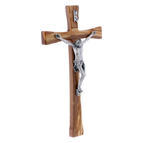 Crucifix en bois d'olivier moderne 25 cm avec corps argenté 12 cm 2