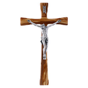 Krucyfiks z drewna oliwnego, nowoczesny styk, wys. 25 cm, Ciało Chrystusa posrebrzane 12 cm