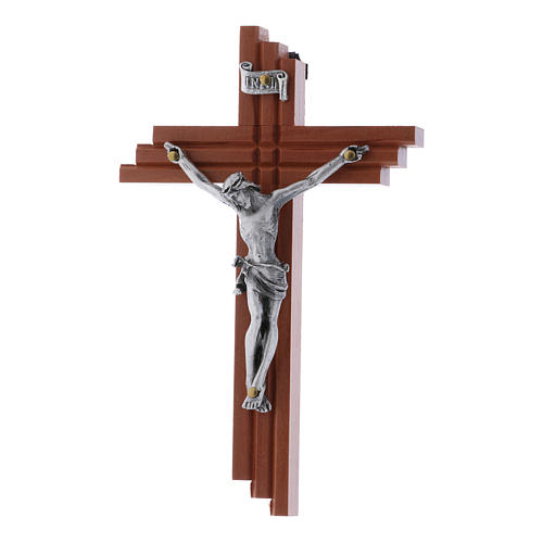 Crucifix modern in pear wood serrated 12 cm with metal body 1