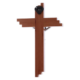 Crucifix moderne en bois de poirier cannelé 12 cm avec corps métallique