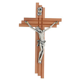 Crucifixo moderno em madeira de pereira 16 cm com corpo prateado
