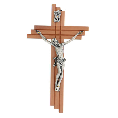 Crucifixo moderno em madeira de pereira 16 cm com corpo prateado 1