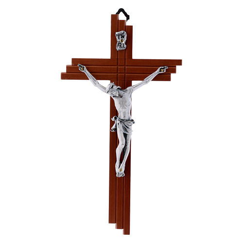 Crucifix moderne en bois de poirier 21 cm corps métallique 1