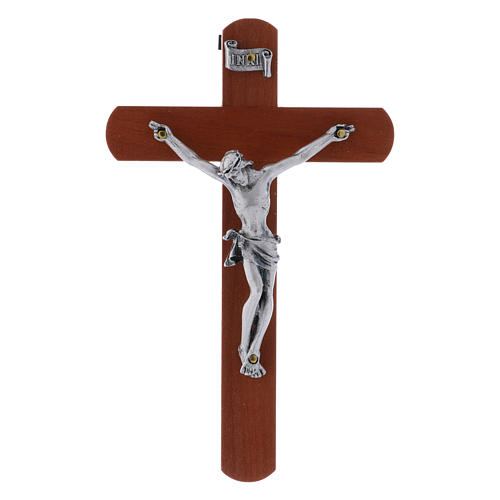 Crucifijo moderno de madera de peral redondeado 12 cm con cuerpo metálico 1