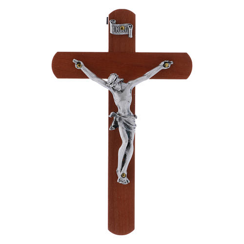 Crucifix moderne en bois de poirier arrondi 12 cm avec corps métallique 1