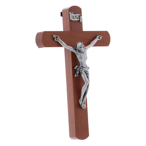 Crucifix moderne en bois de poirier arrondi 12 cm avec corps métallique 2