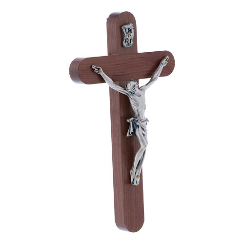 Crucifix in pear wood rounded 16 cm silver body 2