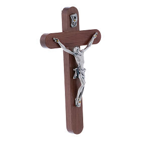 Crocifisso arrotondato moderno in legno di pero 16 cm con corpo argentato