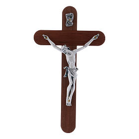 Crucifixo arredondado moderno em madeira de pereira 16 cm com corpo prateado