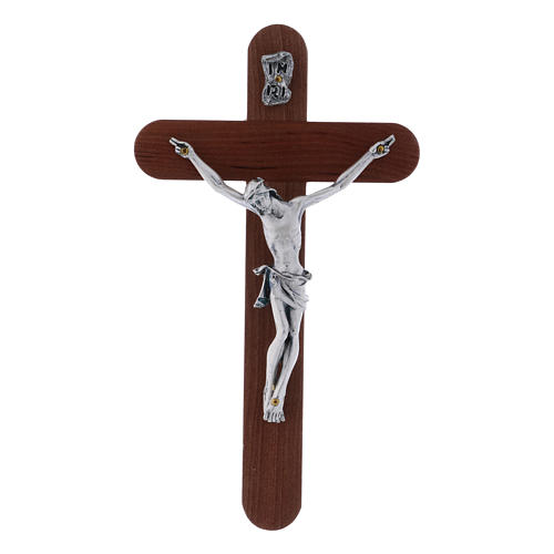 Crucifixo arredondado moderno em madeira de pereira 16 cm com corpo prateado 1