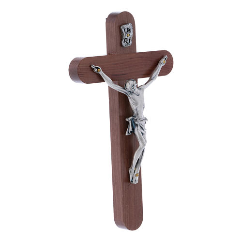 Crucifixo arredondado moderno em madeira de pereira 16 cm com corpo prateado 2
