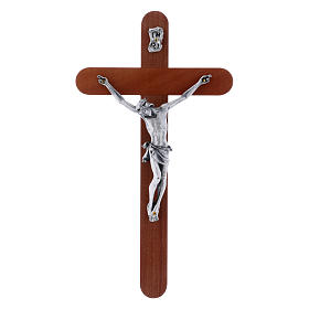 Crucifix moderne en bois de poirier extrémités arrondies 21 cm corps métallique