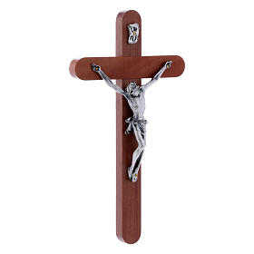 Crucifix moderne en bois de poirier extrémités arrondies 21 cm corps métallique