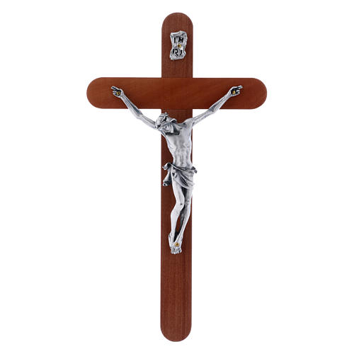 Crucifix moderne en bois de poirier extrémités arrondies 21 cm corps métallique 1