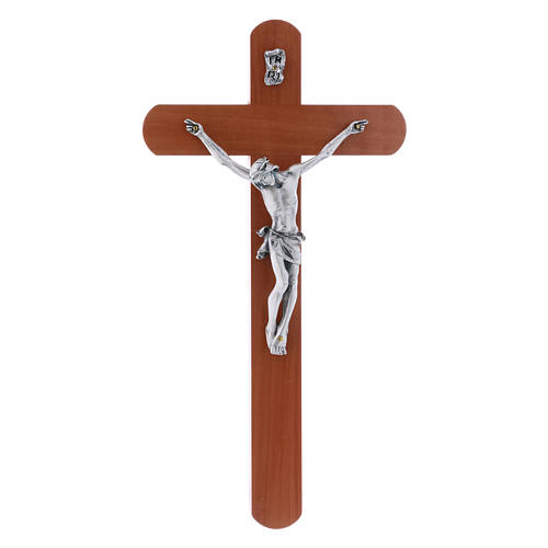 Crucifix in pear wood rounded 25 cm silver body 1