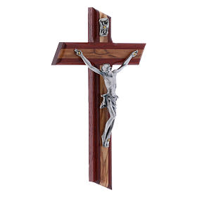 Crucifix moderne padouk et bois d'olivier avec corps argenté 16 cm