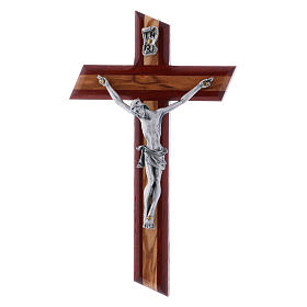 Modern crucifix in padouk wood and olive wood with silver Christ's body 16 cm