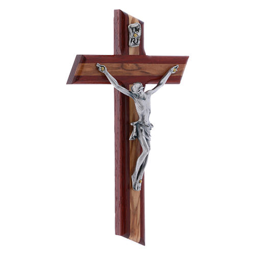 Modern crucifix in padouk wood and olive wood with silver Christ's body 16 cm 2