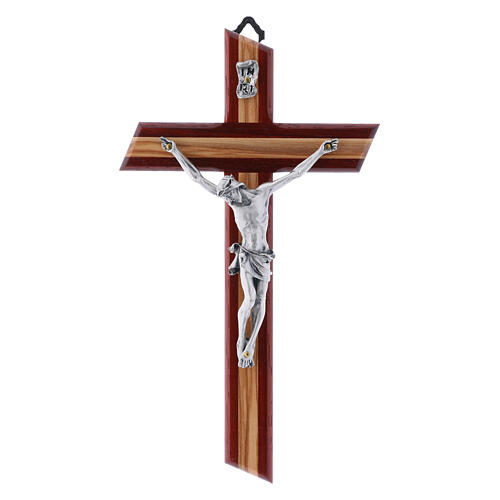 Krucyfiks z drewna oliwnego i padouk, nowoczesny styl, Ciało Chrystusa kolor srebrny, wys. 21 cm 1