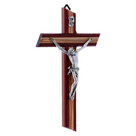 Modern crucifix in padouk wood and olive wood with silver Christ's body 21 cm