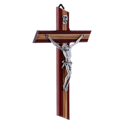 Modern crucifix in padouk wood and olive wood with silver Christ's body 21 cm 2