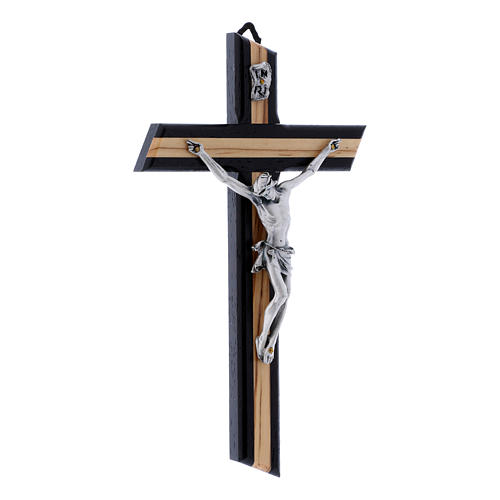 Modern crucifix in wenge wood and olive wood with silver Christ's body 21 cm 2