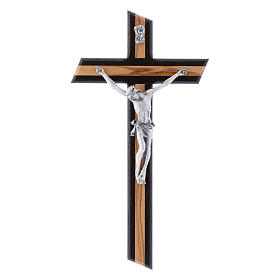 Crucifijo moderno de madera de olivo wengué con cuerpo plateado 25 cm