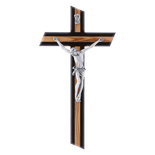Crucifijo moderno de madera de olivo wengué con cuerpo plateado 25 cm 1