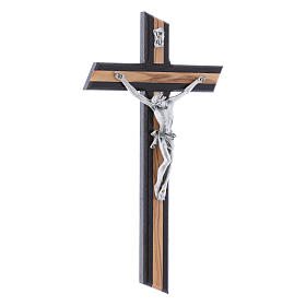 Crucifix moderne bois d'olivier e wengé avec corps argenté 25 cm