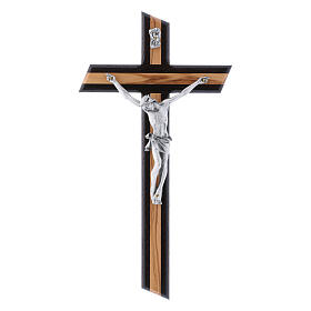 Krucyfiks styl nowoczesny, drewno oliwne i wenge z Ciałem Chrystusa w srebrnym kolorze, 25 cm