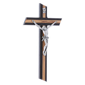 Krucyfiks styl nowoczesny, drewno oliwne i wenge z Ciałem Chrystusa w srebrnym kolorze, 25 cm