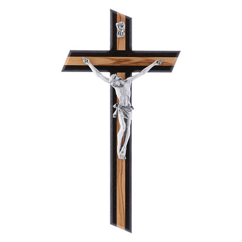 Krucyfiks styl nowoczesny, drewno oliwne i wenge z Ciałem Chrystusa w srebrnym kolorze, 25 cm 1