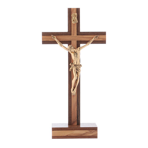Krucyfiks na stół, styl nowoczesny, drewno orzechowe i oliwne, Ciało Chrystusa metalowe, 21 cm 1