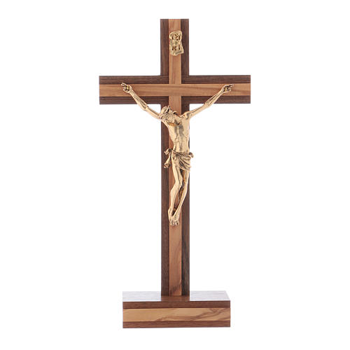 Crucifixo de mesa moderno em madeira de nogueira e oliveira corpo metálico 21 cm 1