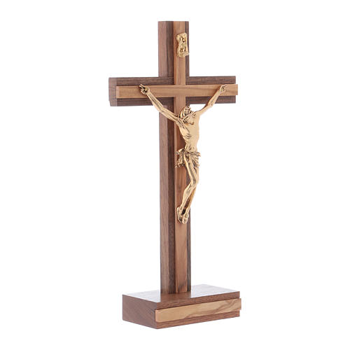 Crucifixo de mesa moderno em madeira de nogueira e oliveira corpo metálico 21 cm 2