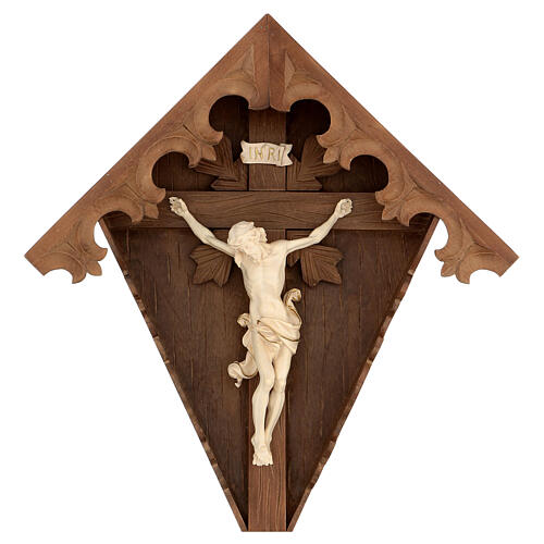 Flurkreuz aus Tannenholz mit Corpus Christi aus gebeiztem Holz mit Goldfaden Grödnertal Schnitzerei 4