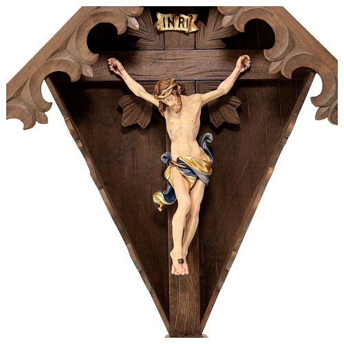 Flurkreuz aus gebeiztem Tannenholz mit farbig gefassten Corpus Christi Grödnertal Schnitzerei 4