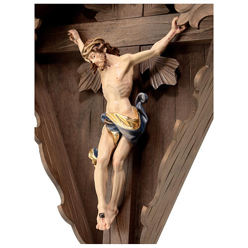 Flurkreuz aus gebeiztem Tannenholz mit farbig gefassten Corpus Christi Grödnertal Schnitzerei 11