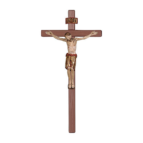 Crucifijo San Damián cruz recta madera Val Gardena capa gold 1