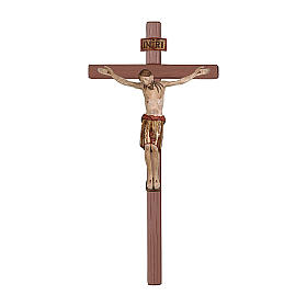San Damiano Cross in wood with straight cross and golden drape, Val Gardena