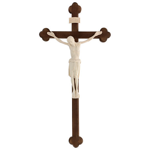 San Damiano Cross in natural wood, burnished cross baroque style, Val Gardena 1