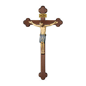 Kruzifix San Damiano Grödnertal Holz Barock Stil Kreuz braun blaue Kleidung