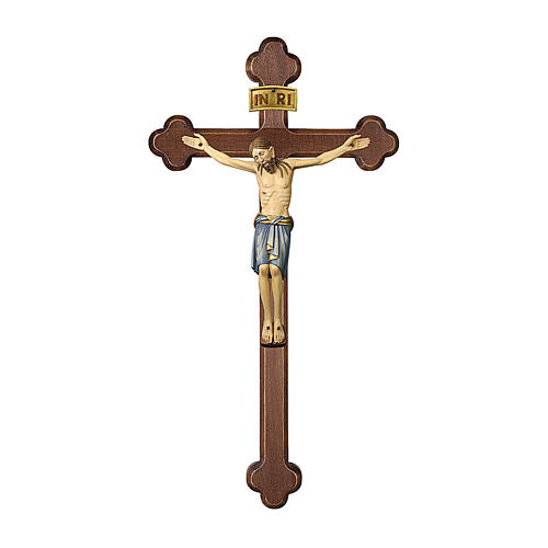 Kruzifix San Damiano Grödnertal Holz Barock Stil Kreuz braun blaue Kleidung 1