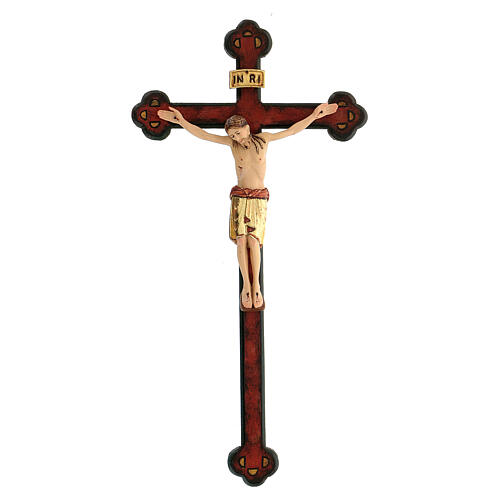 Crucifijo San Damián cruz envejecida barroca madera Val Gardena pintada 1
