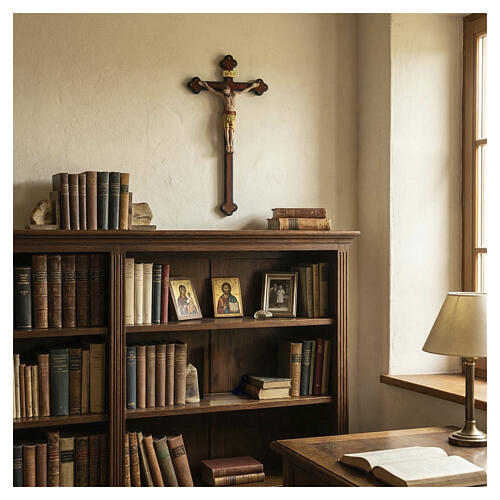 Saint Damien wooden cross in antique baroque style with gold mantle Valgardena 4