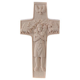 Cross with image of Pope Francis the Good Shepherd in natural wood of Valgardena