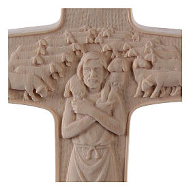 Cross with image of Pope Francis the Good Shepherd in natural wood of Valgardena